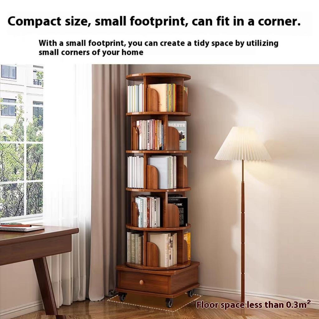 SESSLIFE 6 Tier Rotating Bookshelf, 360° Spinning Corner Bookcase for Small Space, Tall Narrow Wood Book Storage with Wheels, Space Saving Organizer for Living Room, Walnut