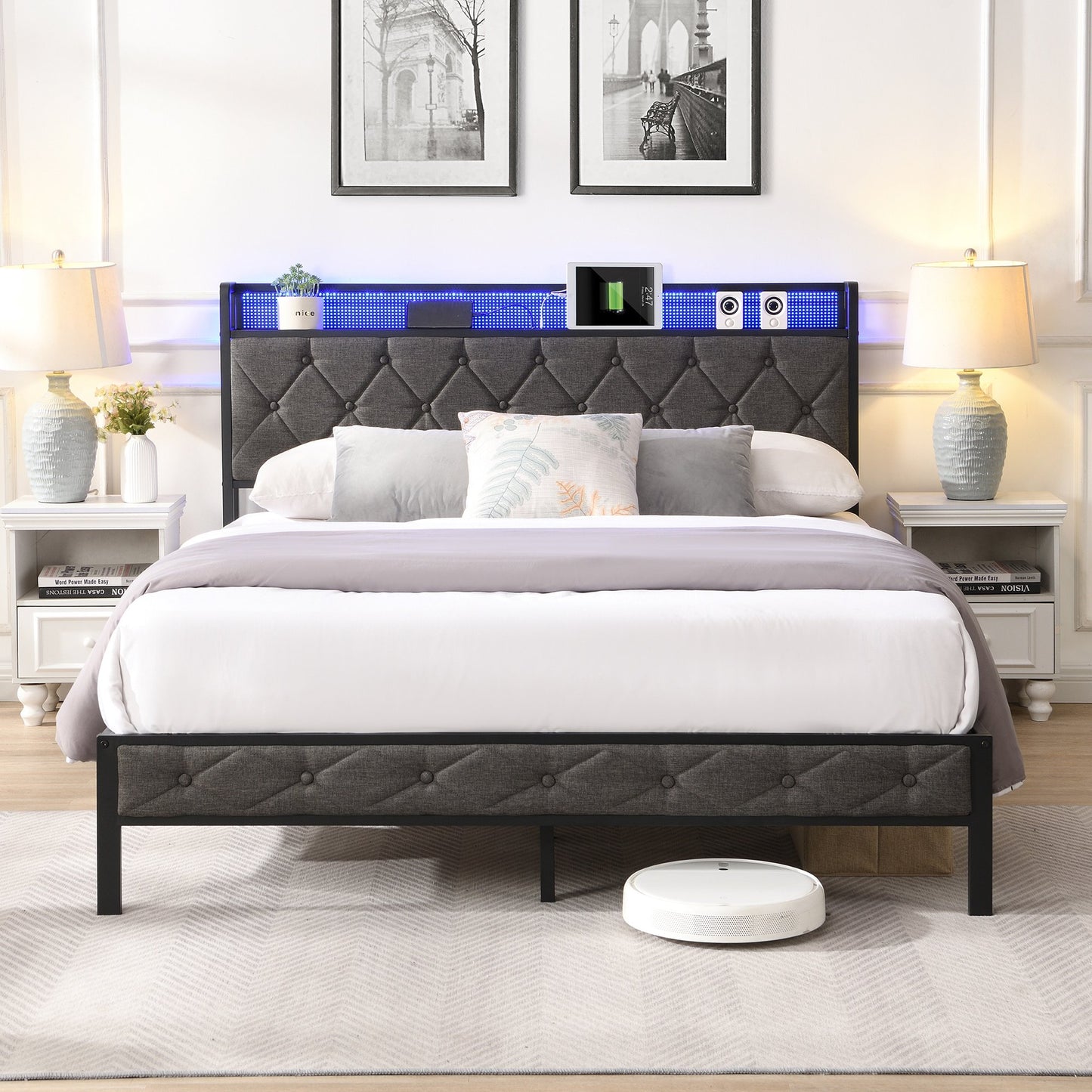 Sesslife LED Full Bed Frame with Storage Headboard, Upholstered Platform Bed with Power Charging Station, and LED Light, Full Bed Frame with Underbed Storage, No Box Spring Needed, Gray