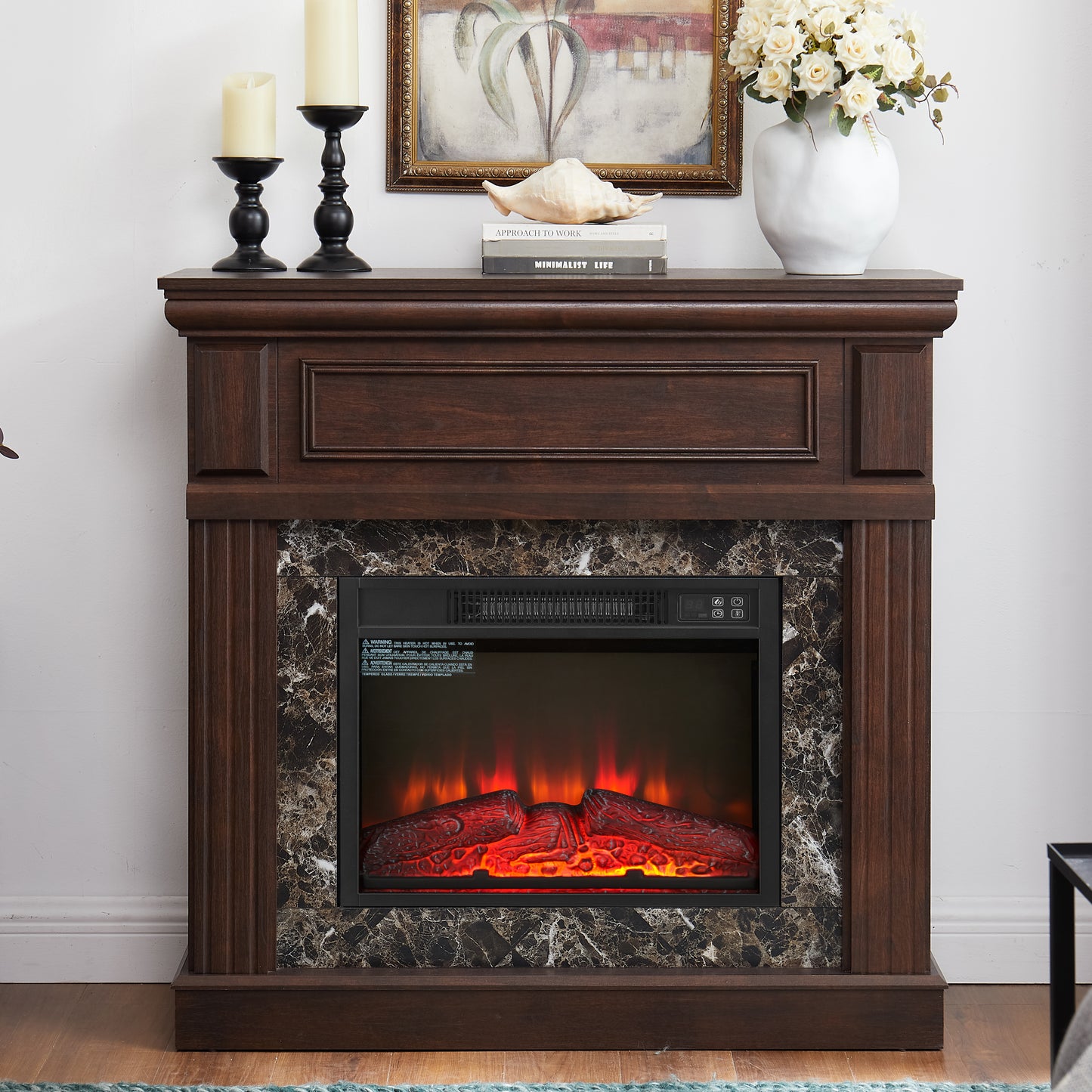 SESSLIFE 41" Electric Fireplace Heater with Mantel, Freestanding Design with 3D Adjustable Flame, Remote Control, Compact for Indoor Use, Cherry Finish, Heats Up to 400 Sq Ft