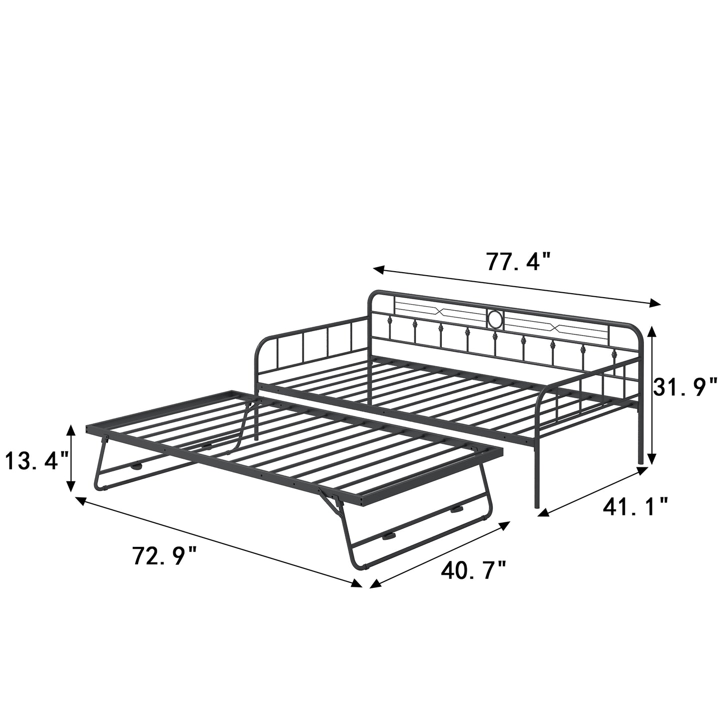 Sesslife Metal Daybed with Adjustable Trundle, Twin Size Daybed with Twin Size Pop Up Trundle Bed, Heavy-Duty Sofa Bed with Portable Folding Trundle Bed for Bedroom Living Room （Black)