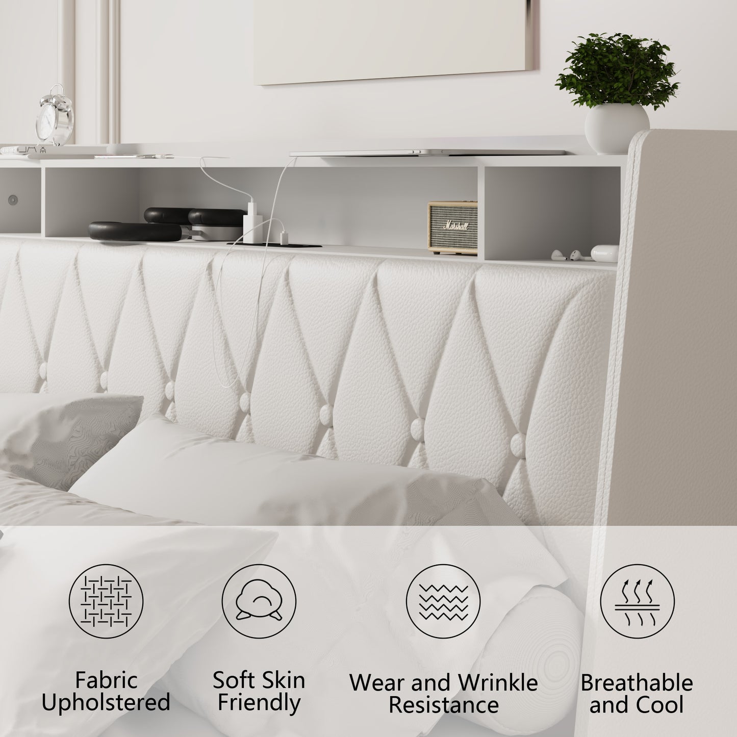 Full Bed Frame with Ergonomic Headboard, Metal & Wood Platform Bed with Charging Station and 4 Storage Drawers, Modern Full Size Upholstered Bed Frame, No Box Spring Needed, White