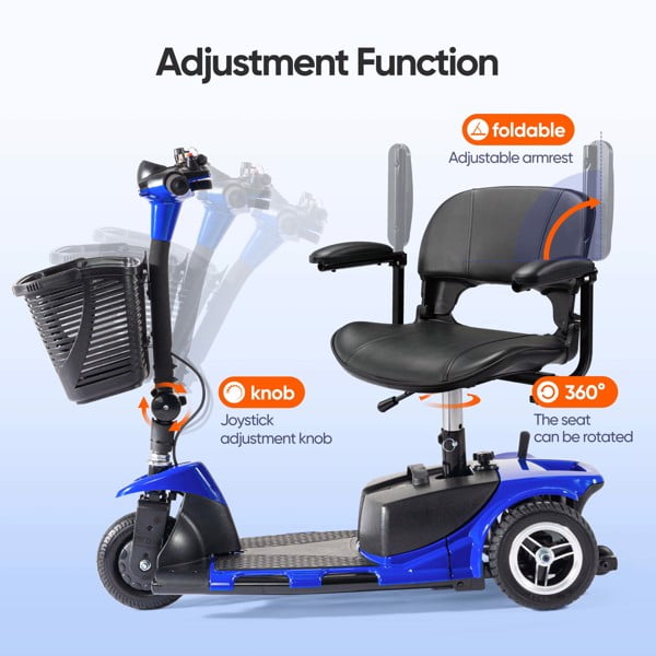 ENYOPRO 3 Wheel Electric Scooter for Adults, Foldable Mobility Scooter for Seniors with 360° Adjustable Seat, Powered Electric Wheelchair with Bright Headlights, Basket and Long-Range Battery