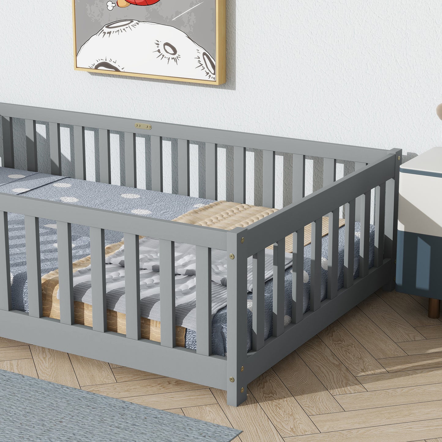 Sesslife Twin Montessori Floor Bed, Twin Size Floor Bed with Fence Without Door, Toddler Bed with Salts, Safety Guardrails, No Box Spring Needed, Twin Bed for Kids Girls, Boys, White
