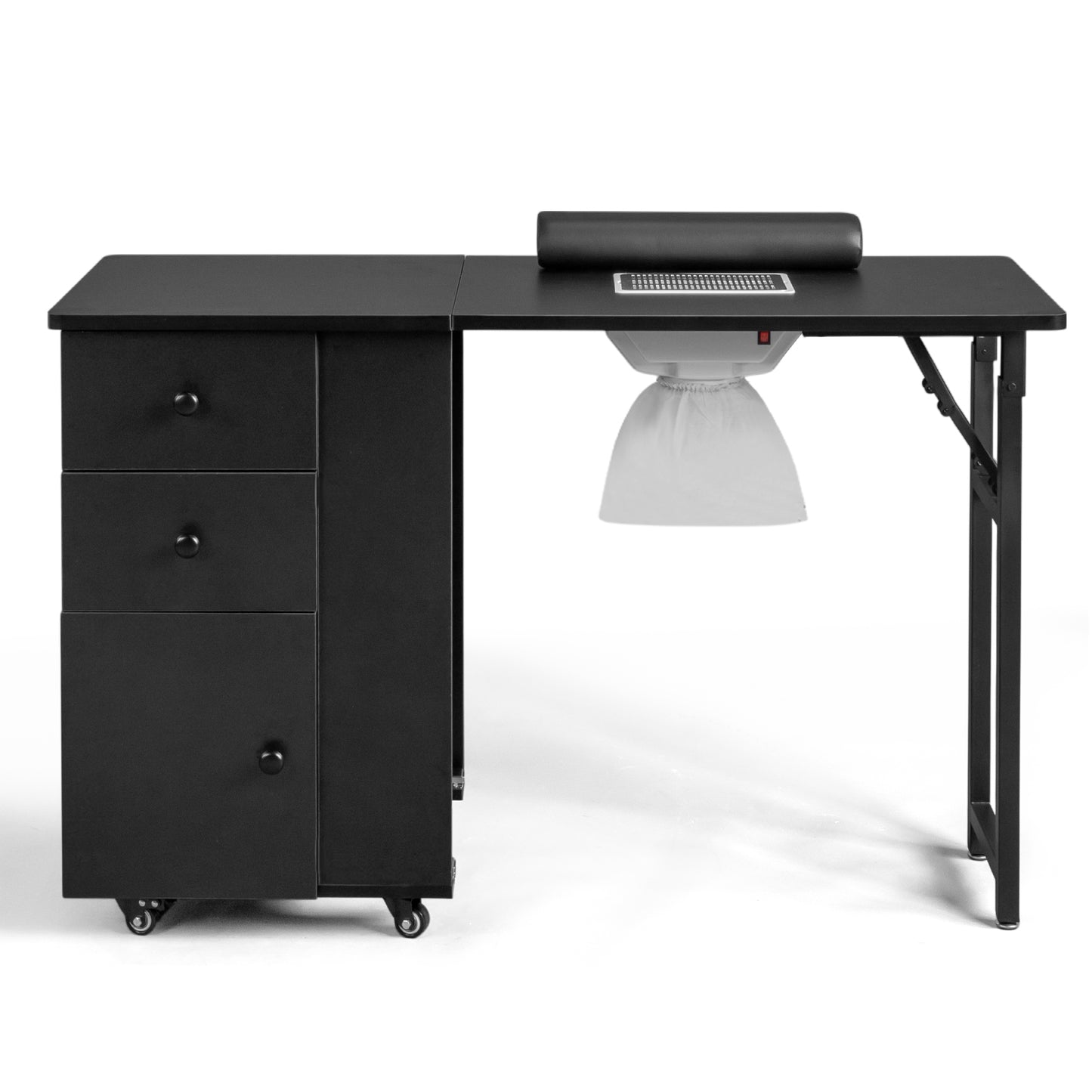 SESSLIFE Portable Nail Tech Table, Foldable Manicure Table with 2 Drawers and Cabinet, Mobile Nail Station on Wheels, Black MDF Nail Desk for Home Salon and Professional Use, Black