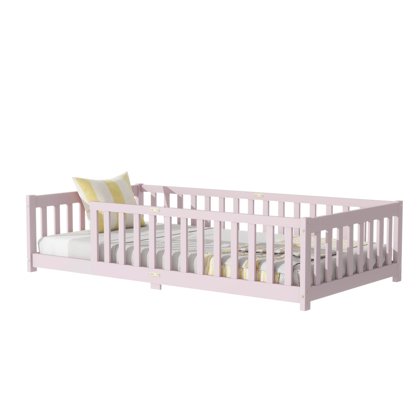 Sesslife Twin Montessori Floor Bed, Twin Size Floor Bed with Fence Without Door, Toddler Bed with Salts, Safety Guardrails, No Box Spring Needed, Twin Bed for Kids Girls, Boys, White