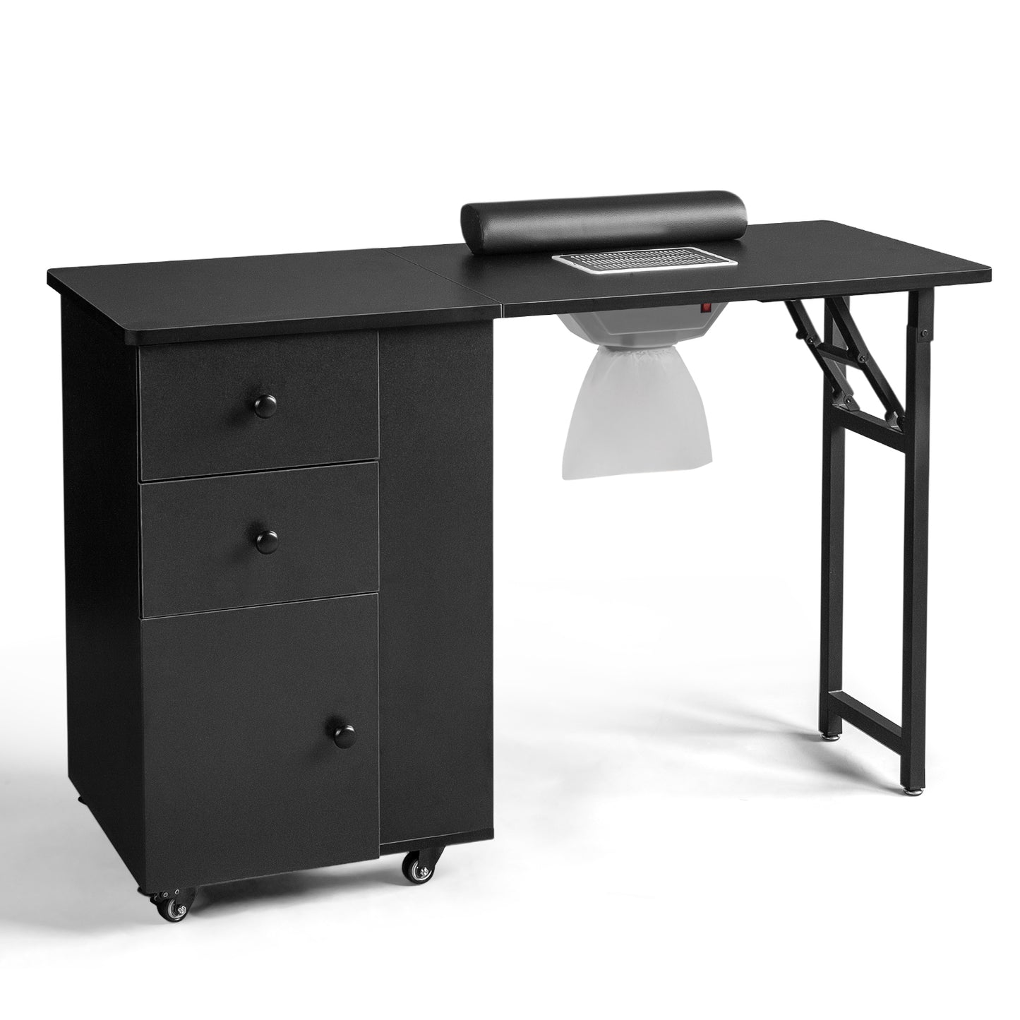 SESSLIFE Portable Nail Tech Table, Foldable Manicure Table with 2 Drawers and Cabinet, Mobile Nail Station on Wheels, Black MDF Nail Desk for Home Salon and Professional Use, Black