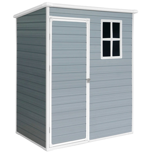 5 x 3 FT Resin Outdoor Storage Shed with Floor, All-Weather Plastic Shed with Window and Lockable Door, Resin Backyard Garden Storage Shed for Tools, Patio Furniture, Pool Accessories