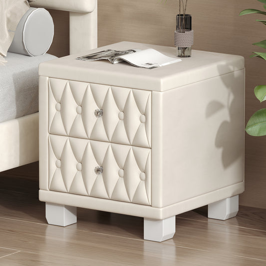 SESSLIFE Velvet Nightstand with 2 Drawers, Button Tufted Bedside Table with Crystal Handles, Upholstered Storage Side Table for Bedroom, Beige