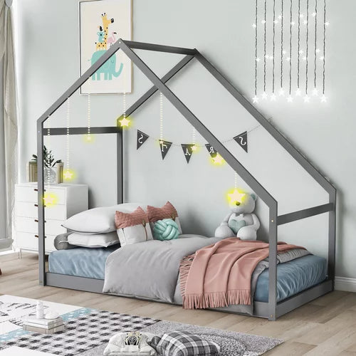 Sesslife Twin House Bed with Roof, Kids Floor House Bed Frame, Box Spring Needed, Easy Assembly, White