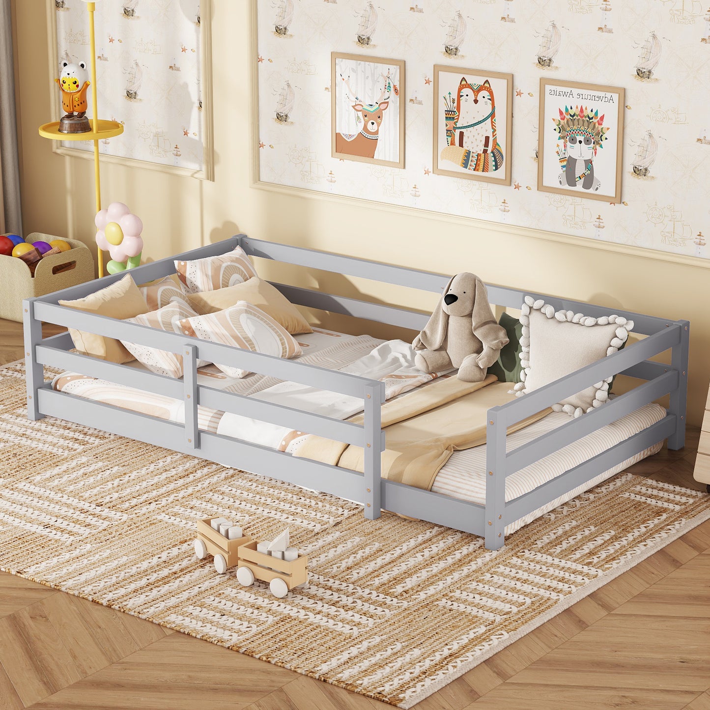 Twin Size Floor Bed, Wood Montessori Floor Bed with Fence and Guardrails, Toddler Bed Frame for Kids, Boys, Girls, No Box Spring Needed, White