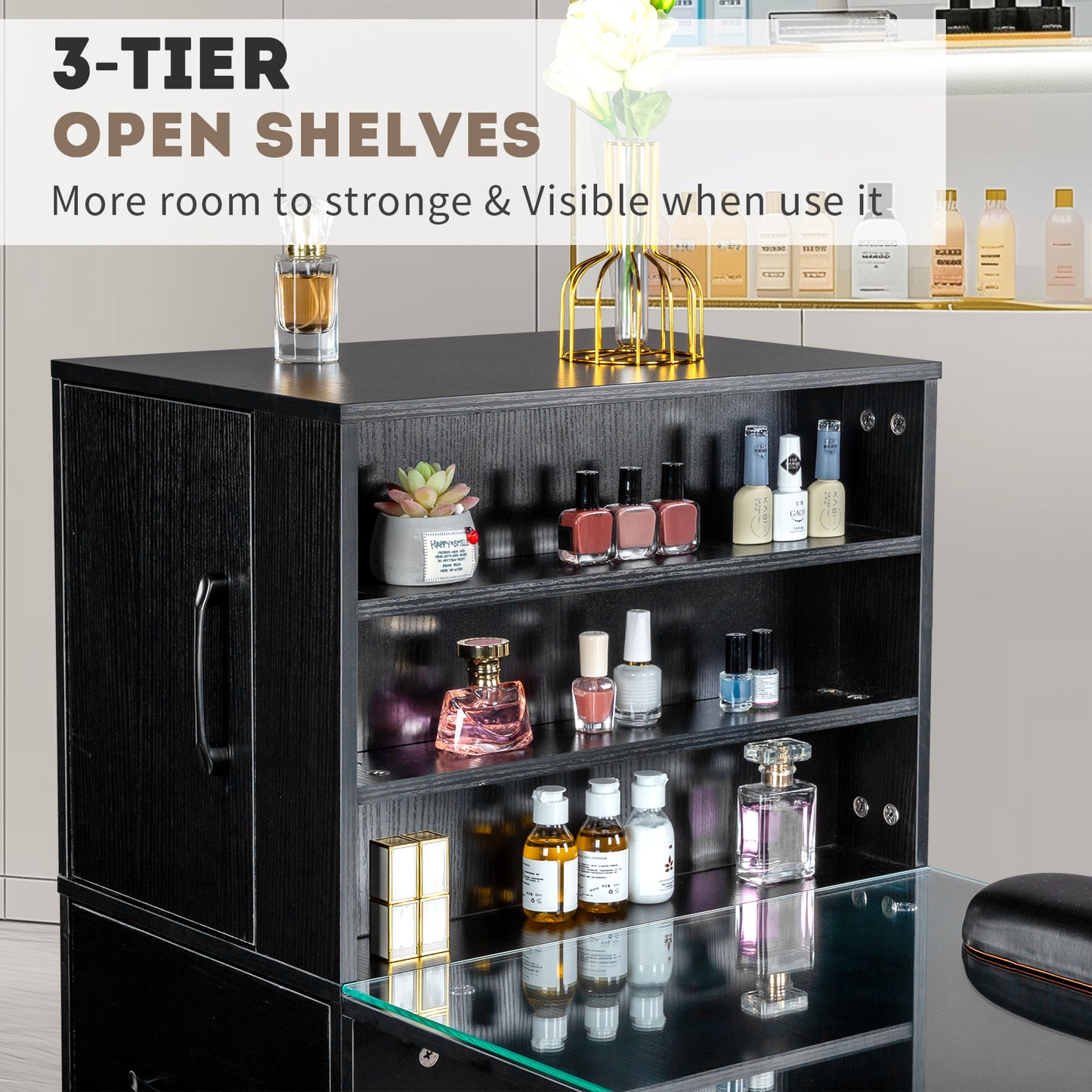 SESSLIFE All-in-One Nail Tech Table , Professional Manicure Station with Soft Wrist Rest, Acetone Resistant Glass Top, Spacious Cabinets for Bedroom, Nail Salon Organizer, Black