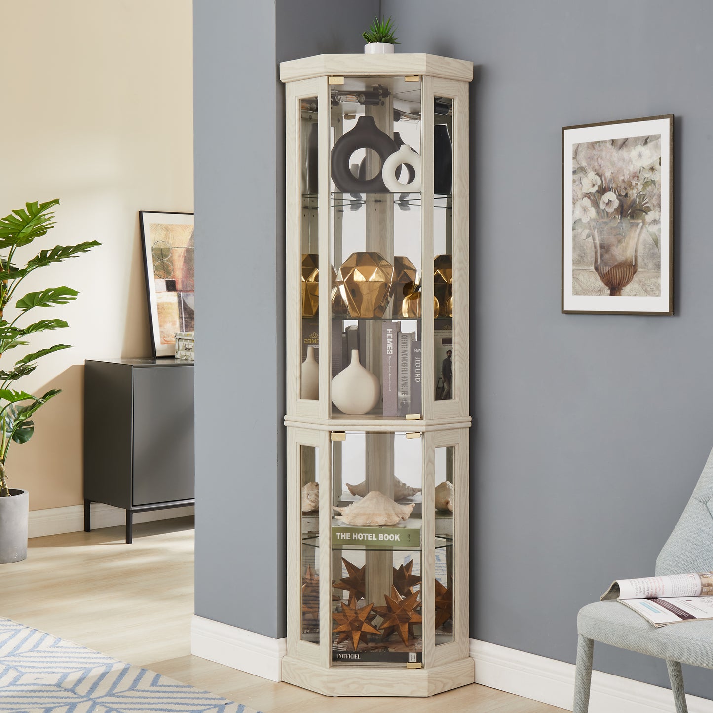 SESSLIFE 70" Lighted Corner Curio Cabinet with Mirrored Back, 5 Tempered Glass Shelves Adjustable, Anti-Tip Device Tall Glass Display Cabinet for Collectibles, Easy Assembly, White