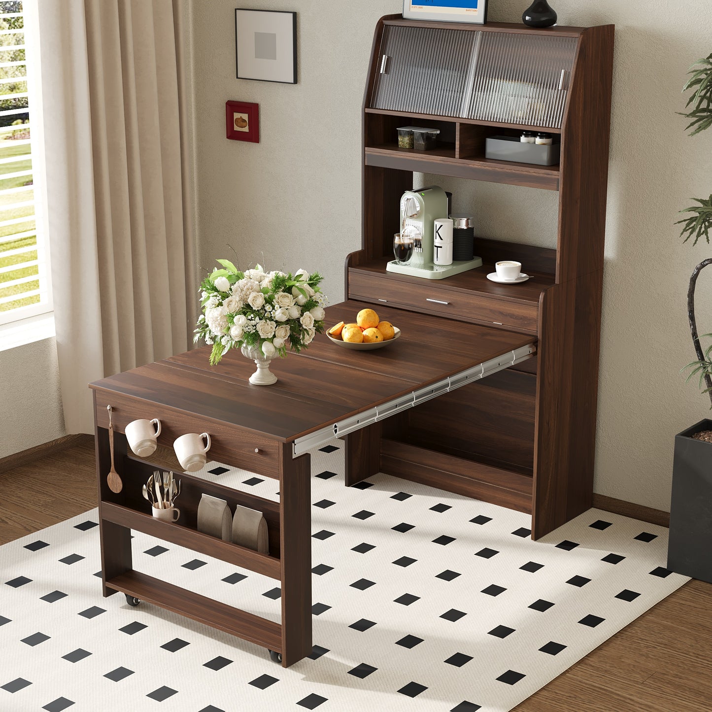 SESSLIFE Sideboard with Storage and Foldable Table, Buffet Cabinet with Hutch for Dining Room, Space Saving Design with Wheels, Farmhouse Style, Walnut