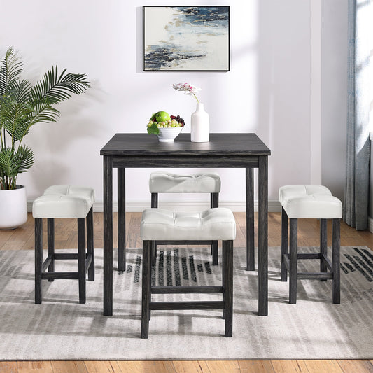 PORKISS 5 Piece Dining Table Set, Rustic Bar Table Set with Table 4 Upholstered Stools, White+Black