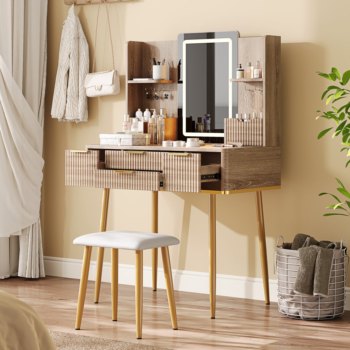 Vanity Table with Mirror and PU Stool, SESSLIFE 4-Drawer Carved Makeup Desk with LED Lighting, Elegant Dressing Table for Bedroom, Compact Design, Yellow Brown