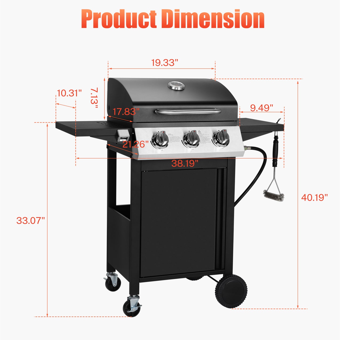 3 Burner Propane Gas Grill, 30,000 BTU Stainless Steel Barbecue Grill with Cleaning Brush and Thermometer, Outdoor Cooking BBQ Camping Grill