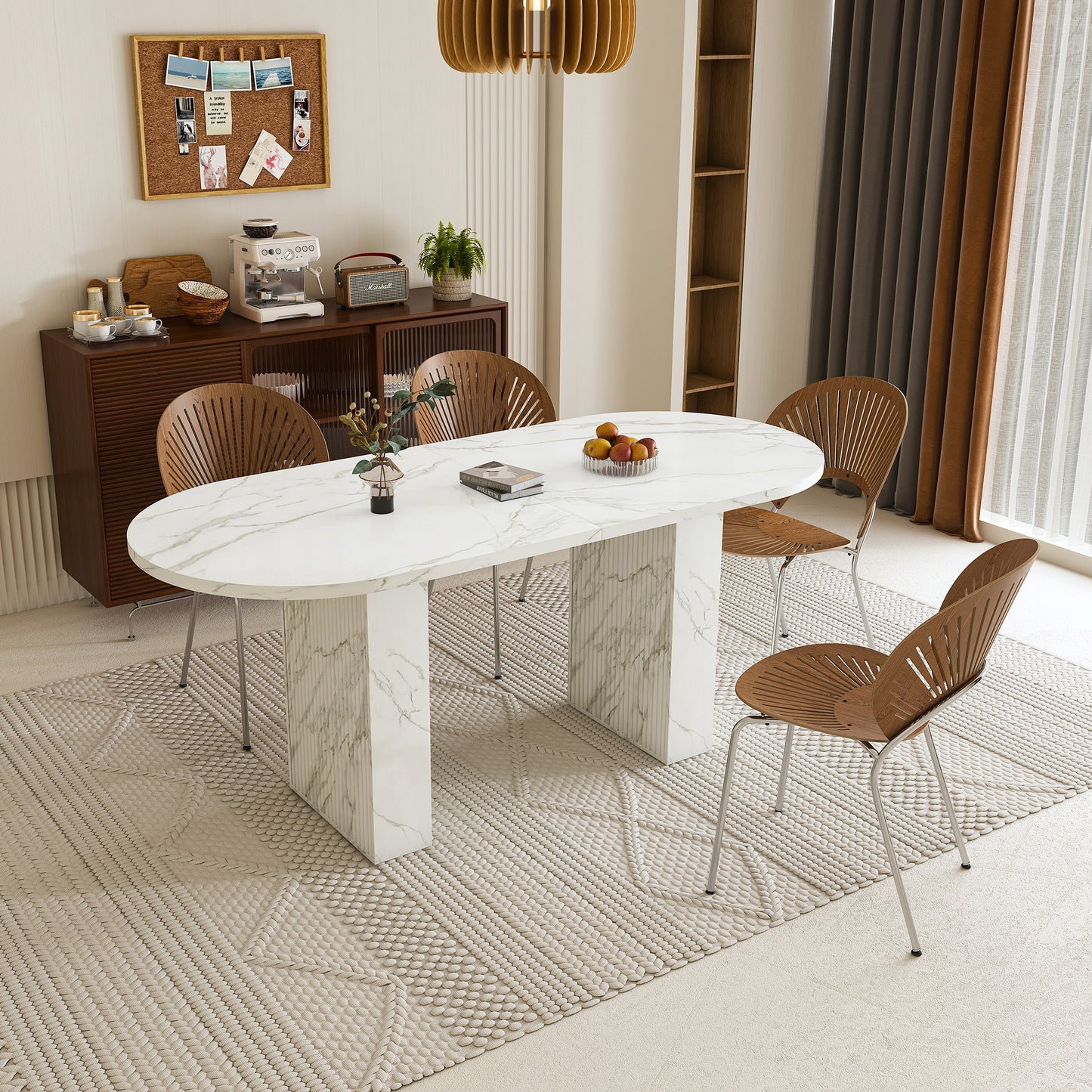SESSLIFE Oval Dining Table, 62.9'' Modern Farmhouse Dining Table with with Wood Strip Base, Kitchen Table for Home and Office, White Marble Finish