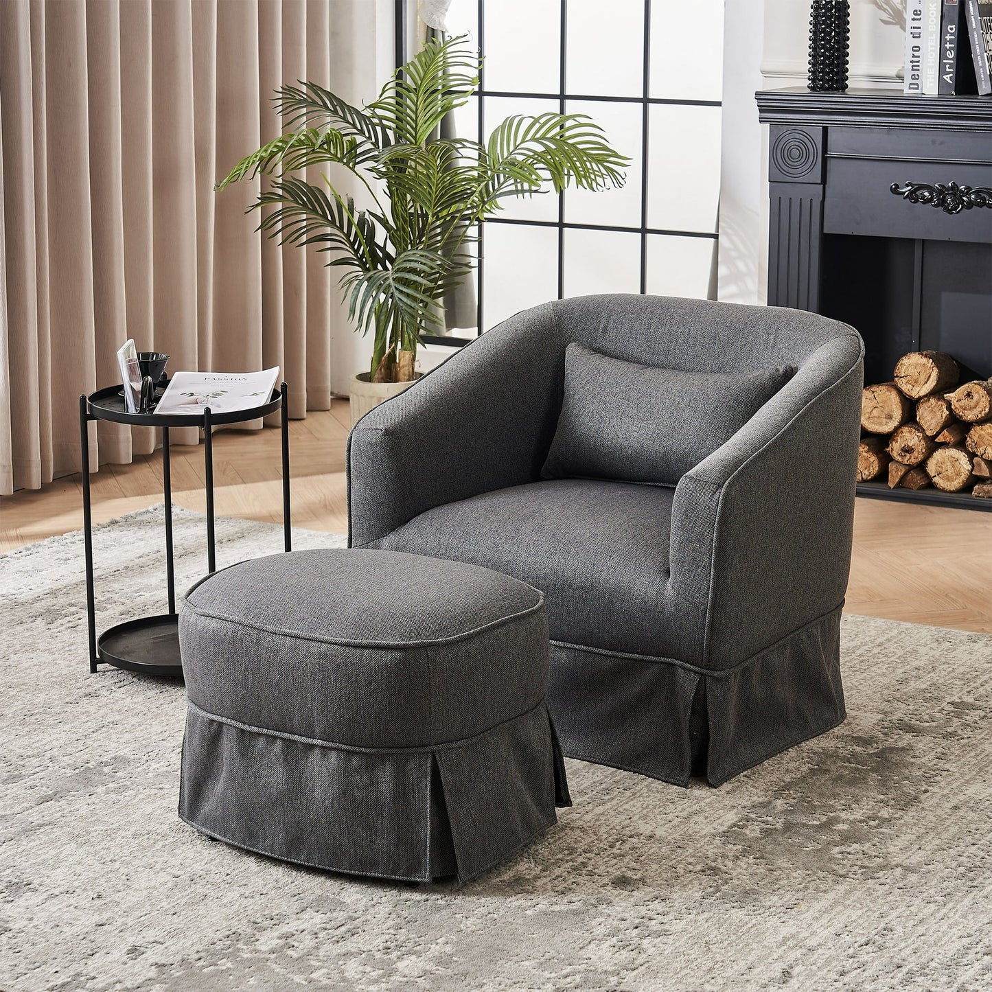 PORKISS Swivel Barrel Chair with Ottoman, Upholstered Accent Armchair 360 Degree Swivel, Comfy Upholstered Club Seat for Living Room Bedroom, Orange