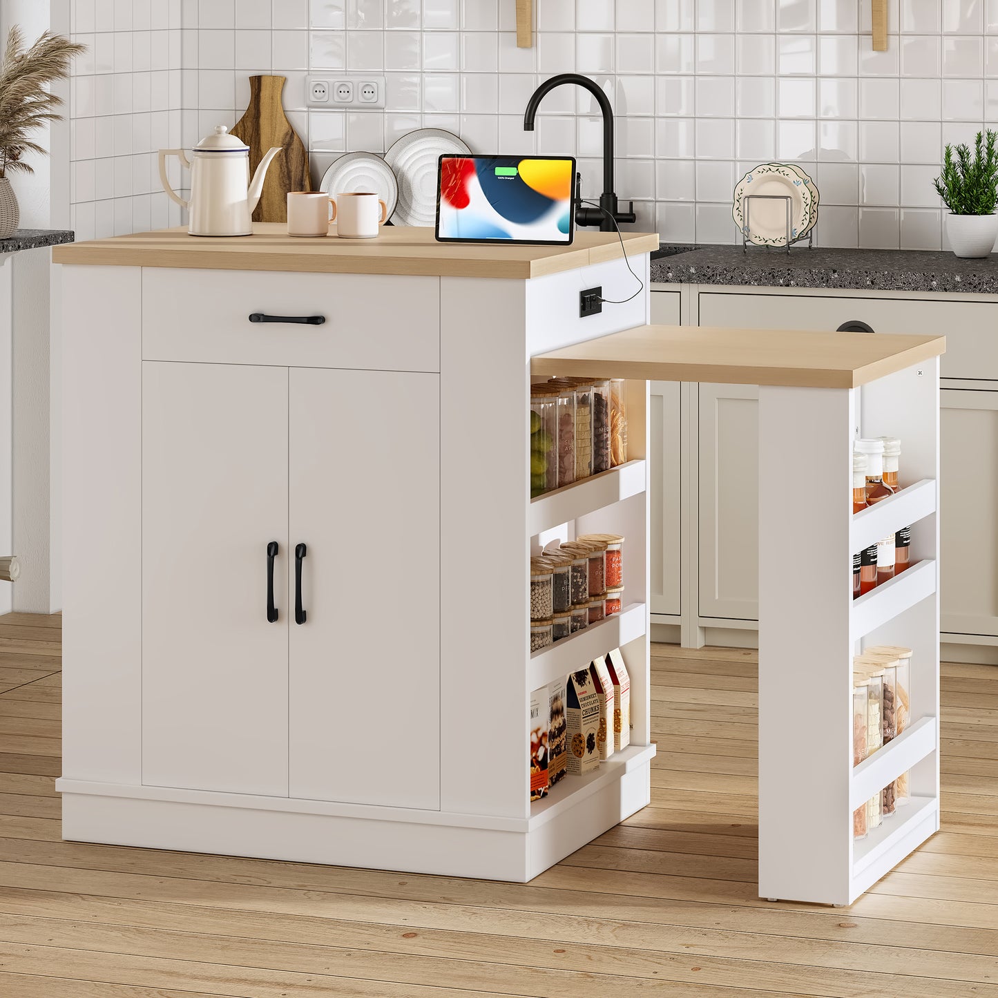 Large Extendable Kitchen Island for Family Use, Dining Table and Breakfast Bar with Storage Drawers, Cabinet Doors and Open Shelves, Ideal for Kitchen and Dining Room, White