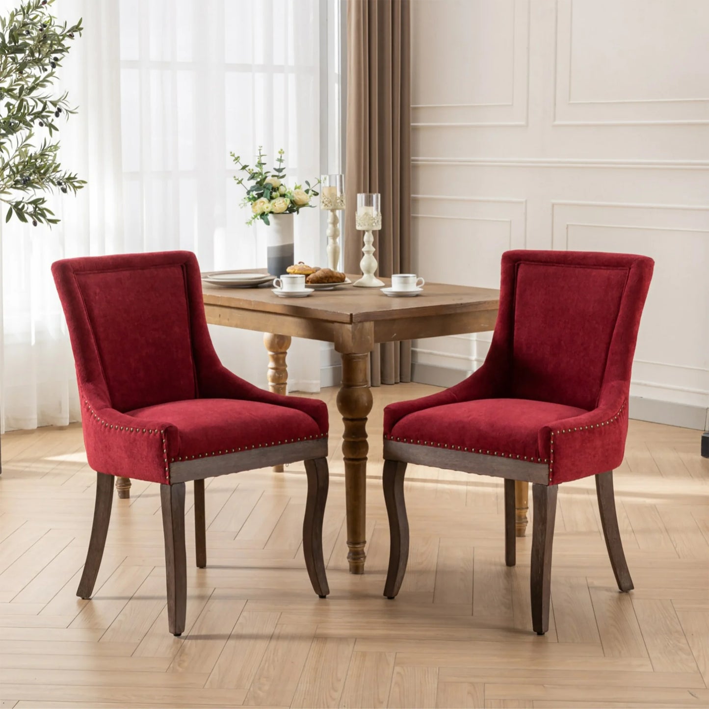 PORKISS Dining Chairs Set of 2, Thickened Fabric Chairs with Solid Wood Legs, Modern Upholstered Dining Chairs, Beige