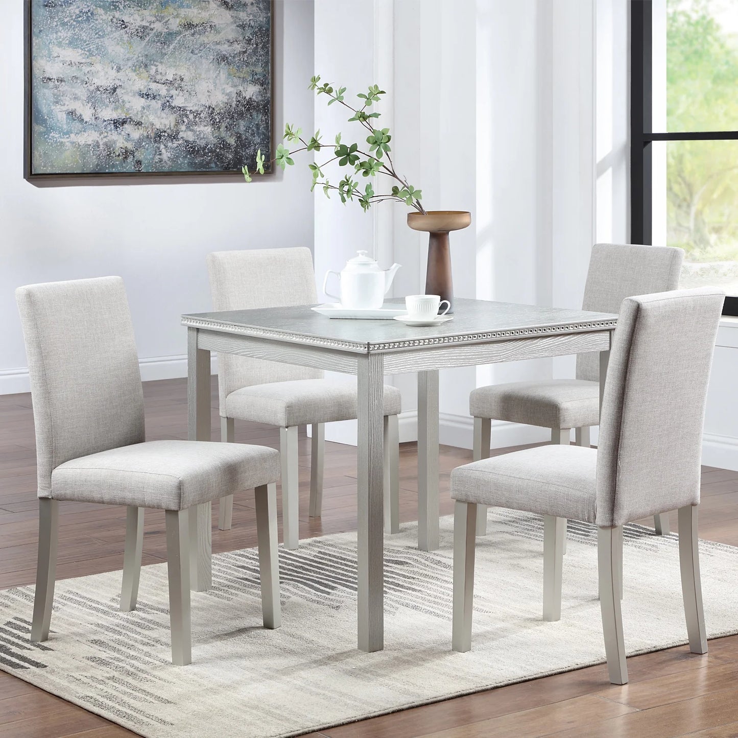 PORKISS Dining Table Set for 4, Dining Room Set with 1 Square Table 4 Upholstered Chairs, Gray