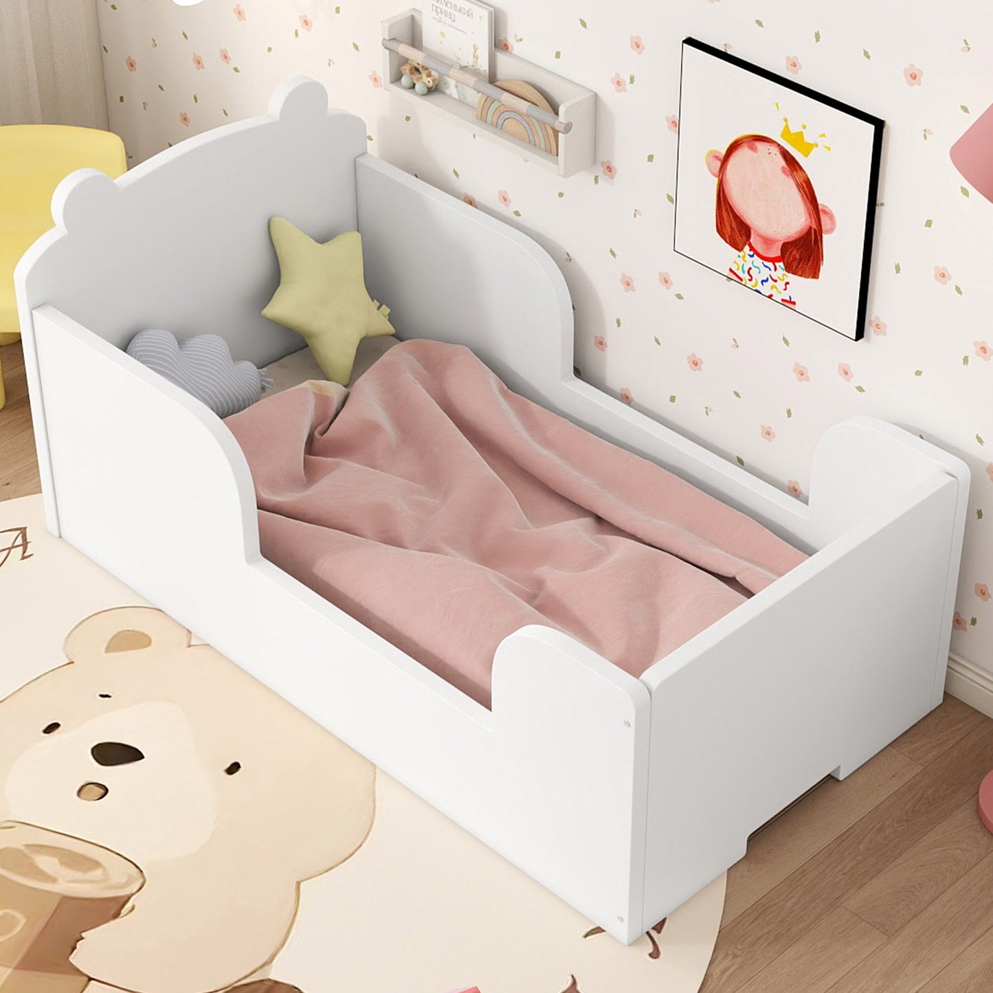 Toddler Floor Bed, Wood Toddler Bed Frame with Bear Shape Headboard, Slats and Safety Guardrails, Montessori Bed for Boys Girls Kids Bedroom, Crib Bed for Ages 3-6, Baby Blue
