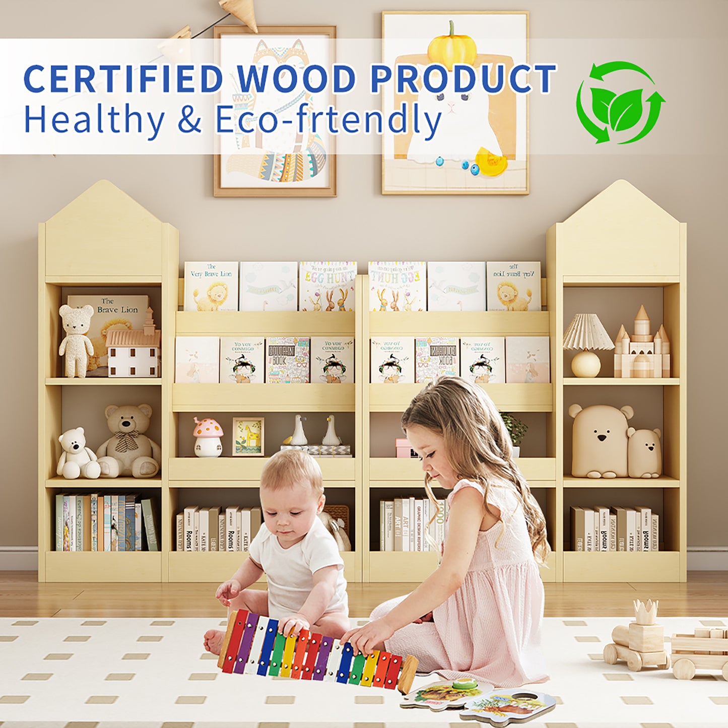 Bookshelf for Kids, Wood Kids Bookcase with Toy Storage Organizer, Freestanding Book Shelf with 6 Compartments and 2 Baskets Bins for Kids Bedroom, Nursery, Playroom