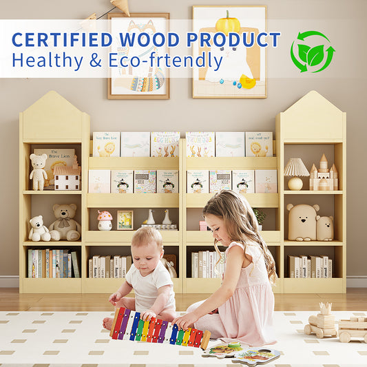 Bookshelf for Kids, Wood Kids Bookcase with Toy Storage Organizer, Freestanding Book Shelf with 6 Compartments and 2 Baskets Bins for Kids Bedroom, Nursery, Playroom