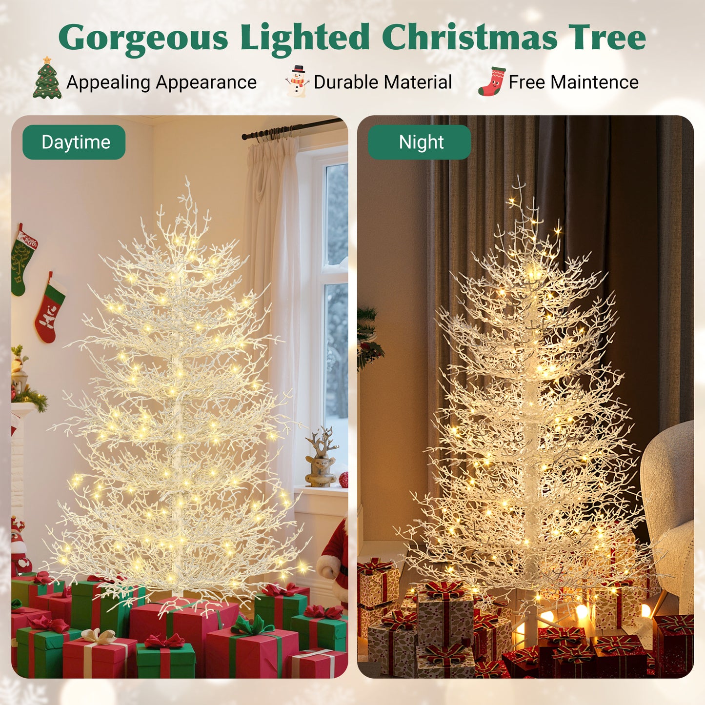 SESSLIFE 6FT Pre-lit Artificial Christmas Tree, Snow Flocked Coral Design with 420 Warm White LED Lights, Easy Assembly Hinged Tree for Home Holiday Decor, White