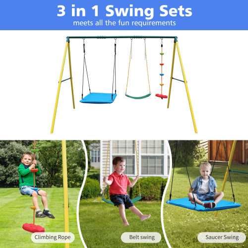 Metal Swing Set for Outside, Kids Backyard Swing Set with Swing Chair, Glider, Ground Nail, 3 In 1 Outdoor Swing Set