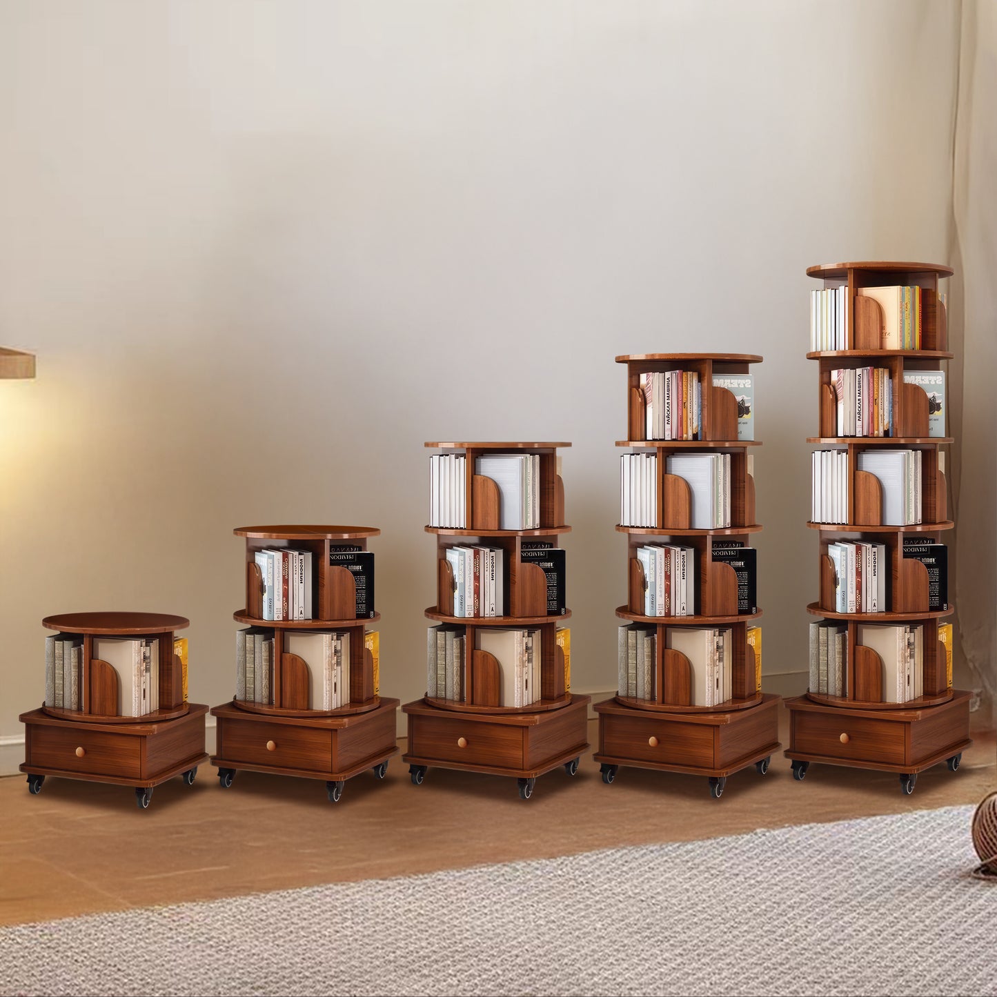 SESSLIFE 6 Tier Rotating Bookshelf, 360° Spinning Corner Bookcase for Small Space, Tall Narrow Wood Book Storage with Wheels, Space Saving Organizer for Living Room, Walnut