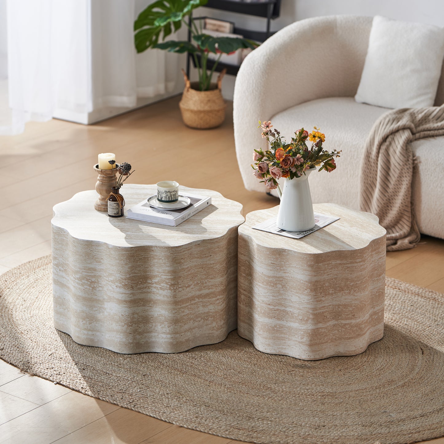 SESSLIFE Modern Round Coffee Table Set, 2 Piece Living Room Tables with Faux Mars Pattern, Easy to Clean Minimalist Side Table for Apartment, Office, Compact Design