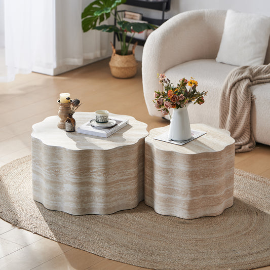 SESSLIFE Modern Round Coffee Table Set, 2 Piece Living Room Tables with Faux Mars Pattern, Easy to Clean Minimalist Side Table for Apartment, Office, Compact Design