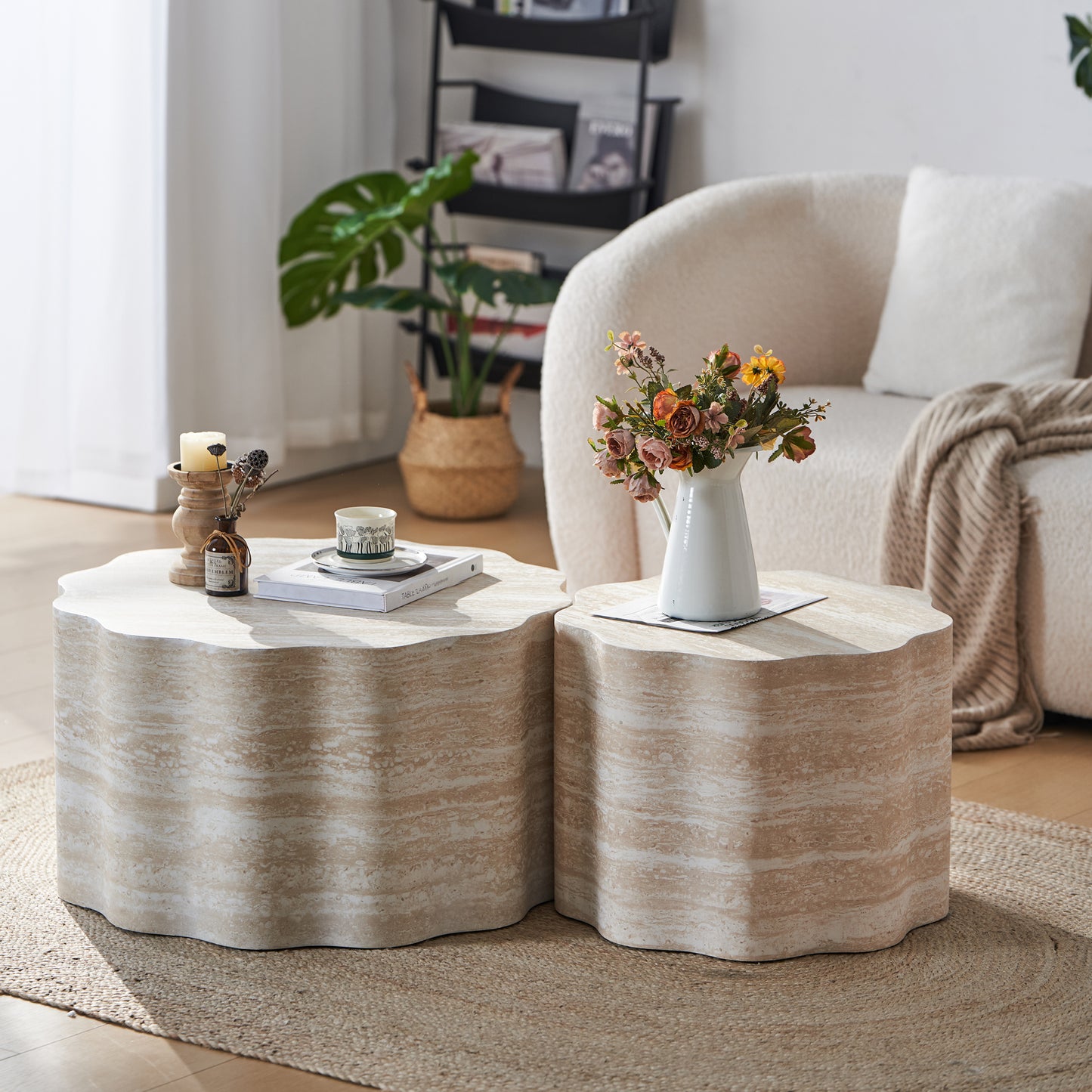 SESSLIFE Modern Round Coffee Table Set, 2 Piece Living Room Tables with Faux Mars Pattern, Easy to Clean Minimalist Side Table for Apartment, Office, Compact Design