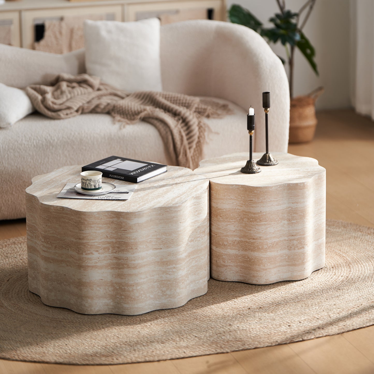 SESSLIFE Modern Round Coffee Table Set, 2 Piece Living Room Tables with Faux Mars Pattern, Easy to Clean Minimalist Side Table for Apartment, Office, Compact Design