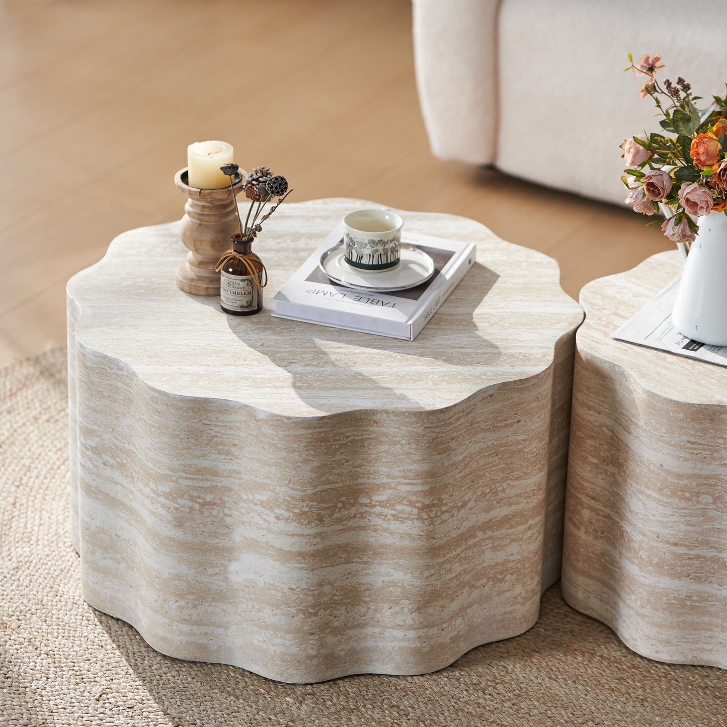 SESSLIFE Modern Round Coffee Table Set, 2 Piece Living Room Tables with Faux Mars Pattern, Easy to Clean Minimalist Side Table for Apartment, Office, Compact Design