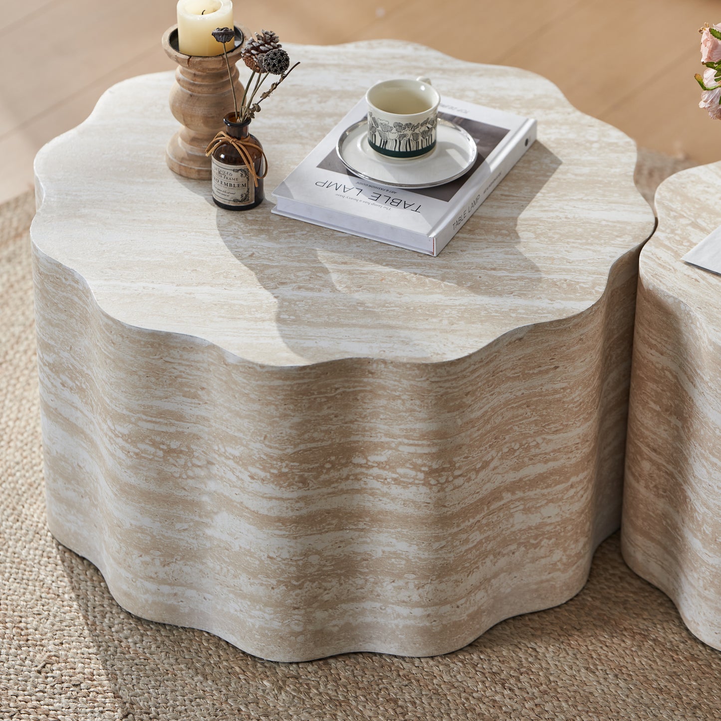 SESSLIFE Modern Round Coffee Table Set, 2 Piece Living Room Tables with Faux Mars Pattern, Easy to Clean Minimalist Side Table for Apartment, Office, Compact Design