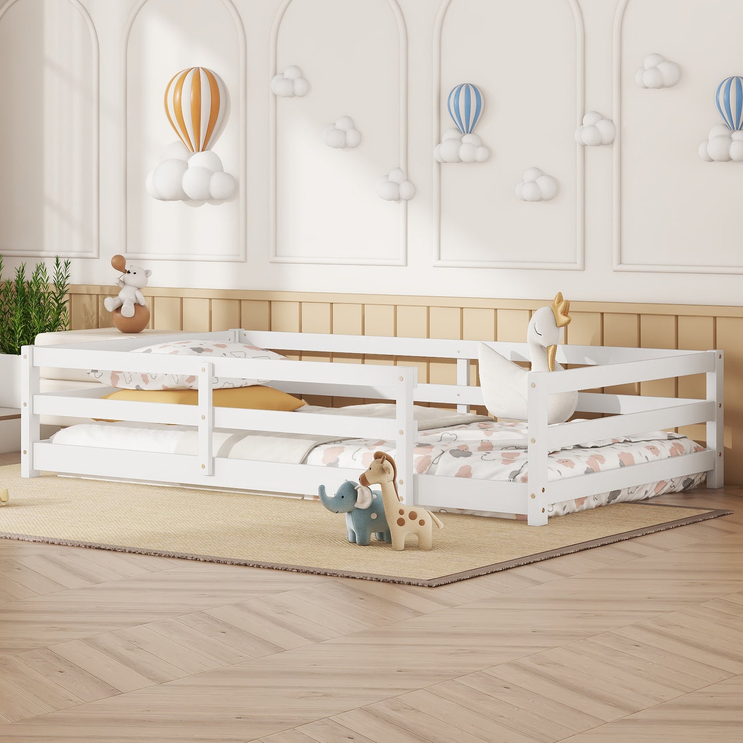 Sesslife Twin Size Floor Bed with Door and Fence, Wood Twin Floor Platform Bed with Slats, Toddler Bed for Kids Boys Girls, Montessori Bed, No Box Spring Needed, Oak