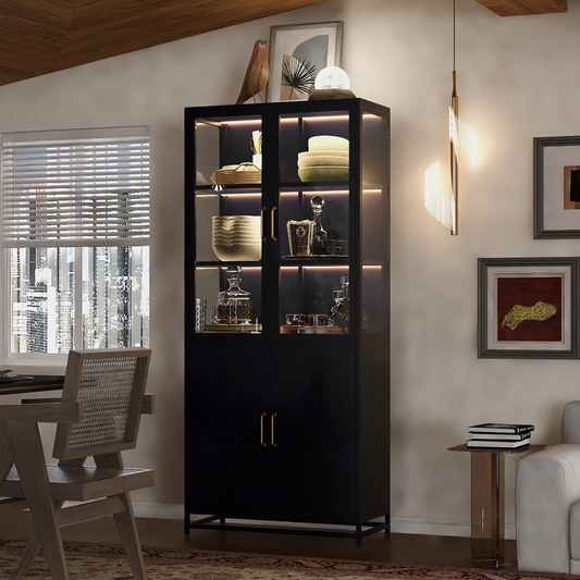 SESSLIFE Metal Display Cabinet with LED Lights, 76.75'' Tall Steel Curio Cabinet with 3-Sided Tempered Glass Doors, 5 Shelf Glass Display Case for Collectibles, Books, Living Room, Black