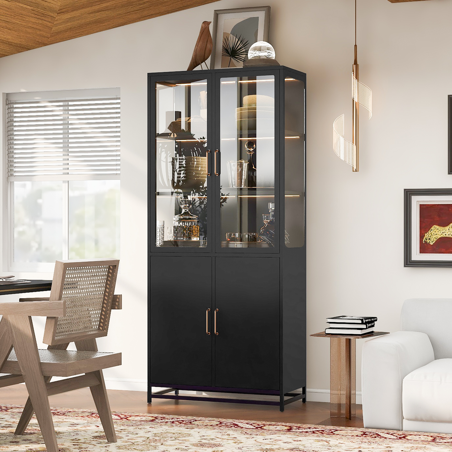 SESSLIFE Metal Display Cabinet with LED Lights, 76.75'' Tall Steel Curio Cabinet with 3-Sided Tempered Glass Doors, 5 Shelf Glass Display Case for Collectibles, Books, Living Room, Black