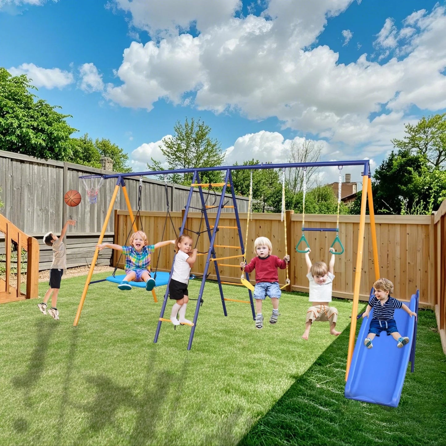 Sesslife Metal Swing Set for Outside, 6 in 1 Swing Set with Slide, Seesaw Swing, Single Swing and Basketball Hoop, Outdoor Playground Playset for 3+ Kids, Green