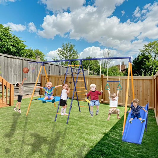 Sesslife Metal Swing Set for Outside, 6 in 1 Swing Set with Slide, Seesaw Swing, Single Swing and Basketball Hoop, Outdoor Playground Playset for 3+ Kids, Green