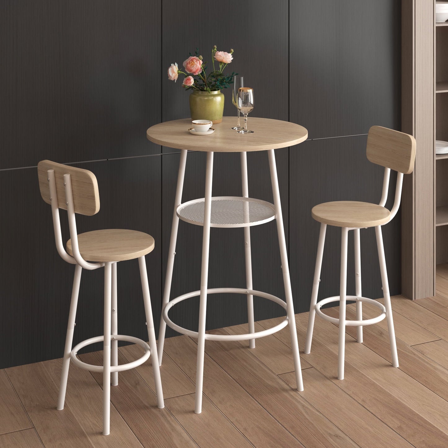 Sesslife 3-Piece Modern Dining Set for Home, Kitchen, Dining Room with Storage Backrest, Square Table with 2 Chairs, Steel Frame, Brown Color