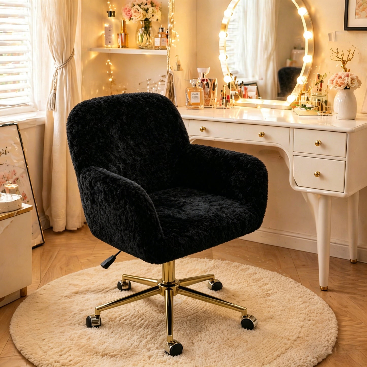 SESSLIFE Vanity Chair, Height Adjustable Velvet Computer Chair, Modern Makeup Chair, 360° Swivel Office Chair, Mid Back Chair, Living Room Chairs, Purple