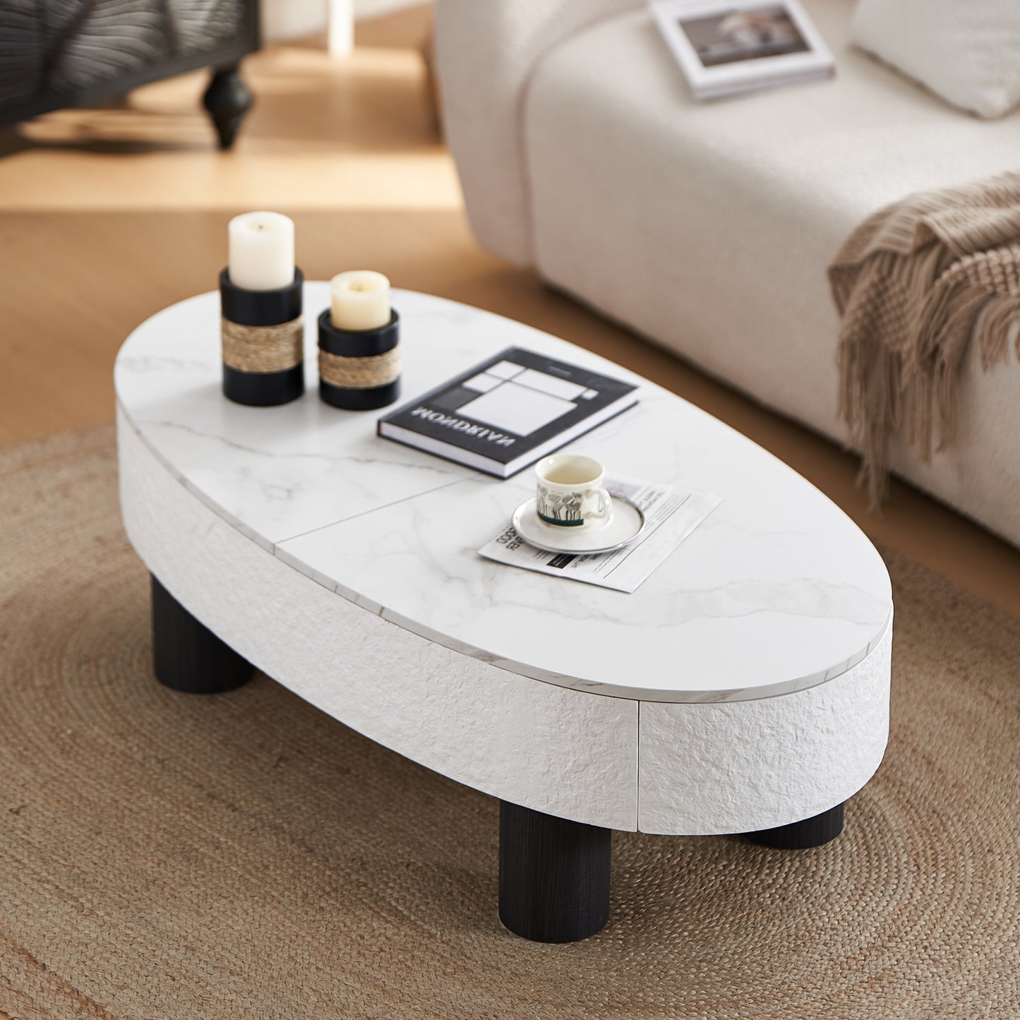 SESSLIFE Modern Coffee Table with Hidden Storage, Oval Shape and Faux Marble Top for Small Spaces, Living Room Tables with Smooth Edges, White Black Finish