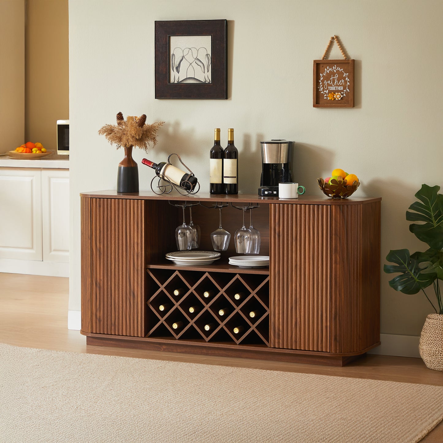 SESSLIFE 58" Modern Sideboard Cabinet with Wavy Curved Doors, Walnut Buffet Cabinet with Wine Rack Glass Holder and Adjustable Shelves, Coffee Bar Storage for Kitchen Dining Room