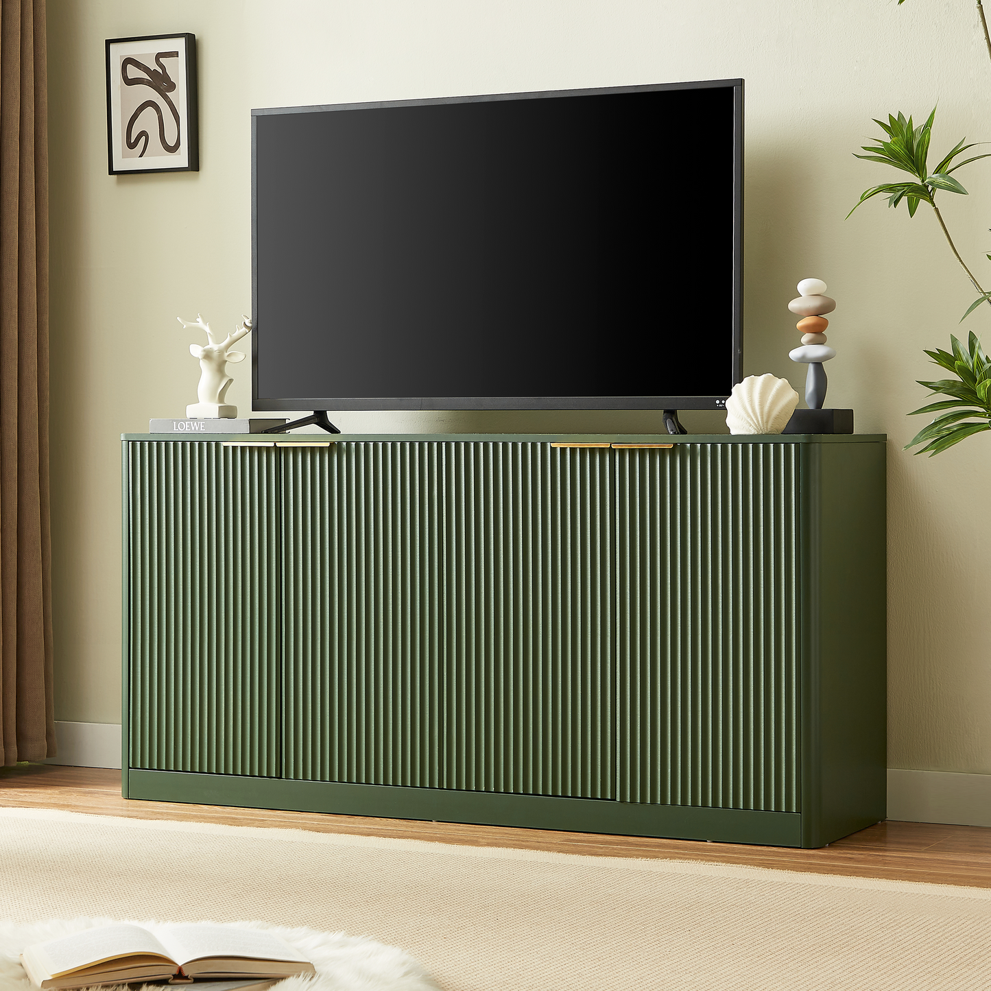SESSLIFE 59 Inch Modern Wavy Sideboard Cabinet with Curved Front and 4 Doors, Natural MDF Storage Cabinet Media Console TV Stand for Living Room Kitchen Bedroom