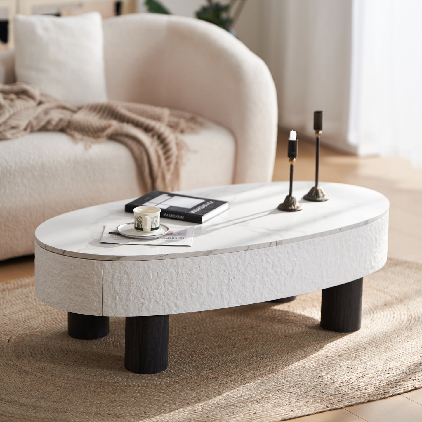 SESSLIFE Modern Coffee Table with Hidden Storage, Oval Shape and Faux Marble Top for Small Spaces, Living Room Tables with Smooth Edges, White Black Finish
