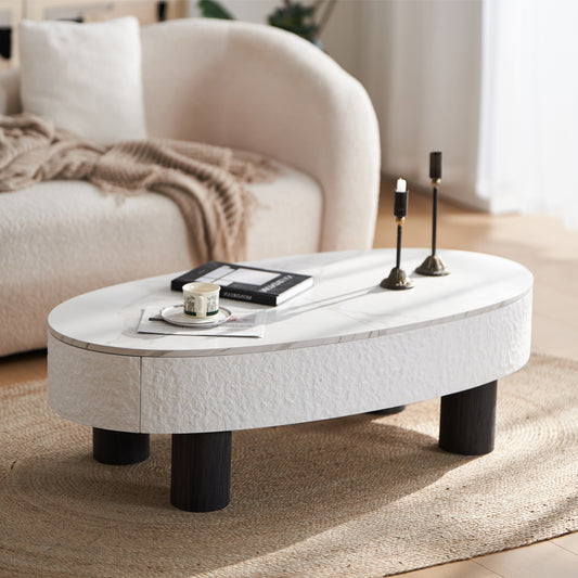 SESSLIFE Modern Coffee Table with Hidden Storage, Oval Shape and Faux Marble Top for Small Spaces, Living Room Tables with Smooth Edges, White Black Finish