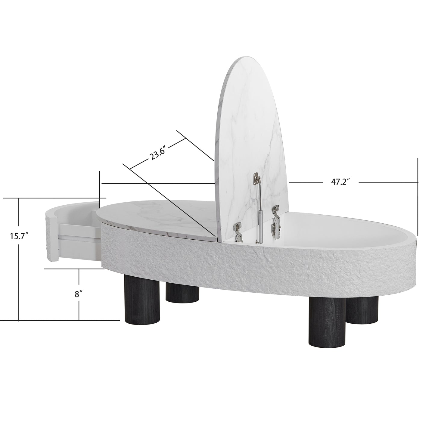 SESSLIFE Modern Coffee Table with Hidden Storage, Oval Shape and Faux Marble Top for Small Spaces, Living Room Tables with Smooth Edges, White Black Finish